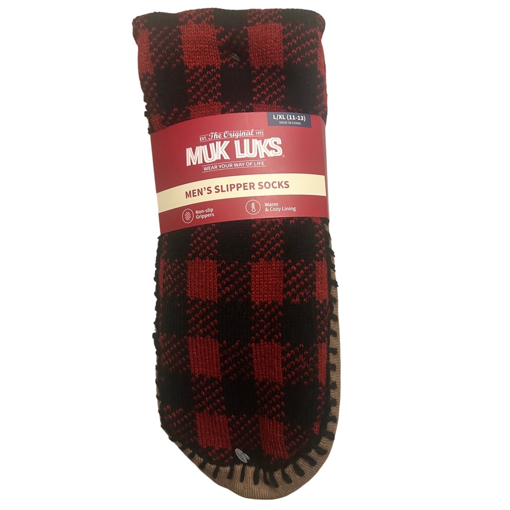 MUK LUKS Mens Slippers‎ Socks L XL 11 13 Red Black Buffalo Plaid Warm Grippers
